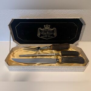 Vintage Carving Knife & Fork Set Faux Stag Handles Stainless Steel w/ Box Easter